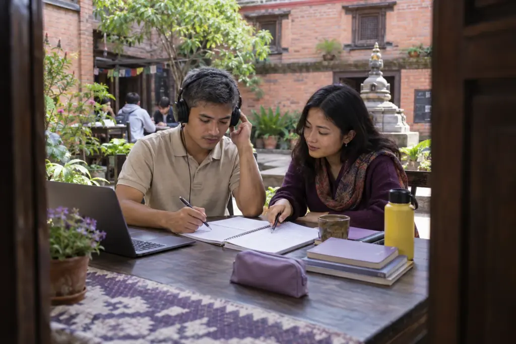IELTS learner practises listening questions with headphones and a tutor