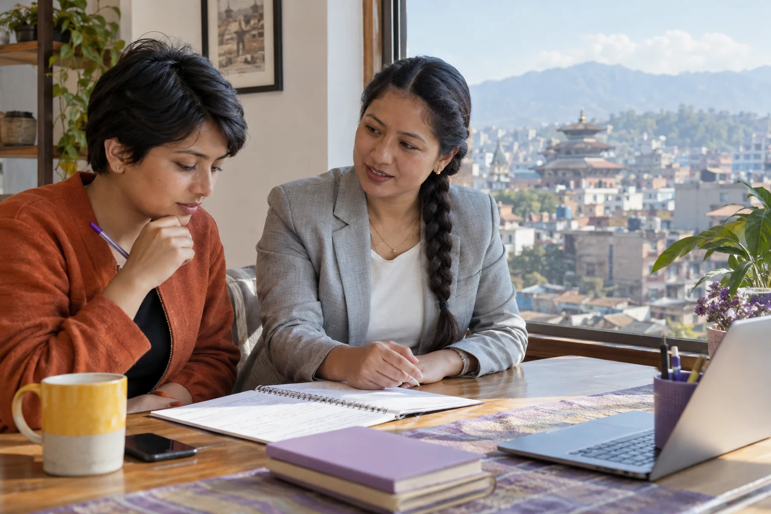 Student reviews IELTS listening multiple choice notes with a mentor