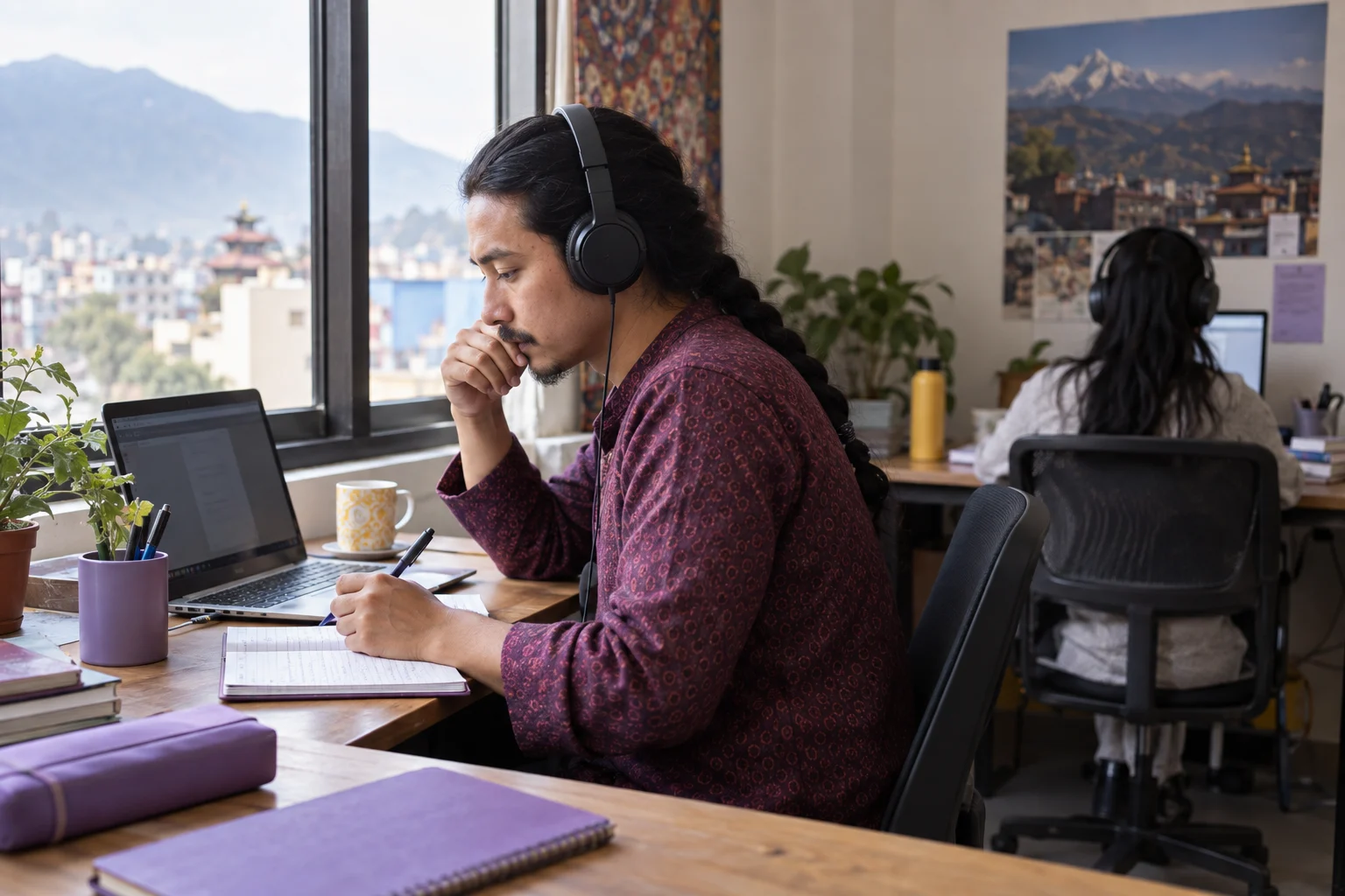 IELTS learner practises listening form completion with headphones in Kathmandu