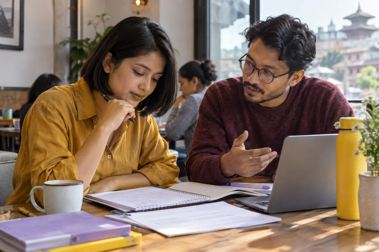 IELTS student reviews listening completion notes with a tutor at a study table