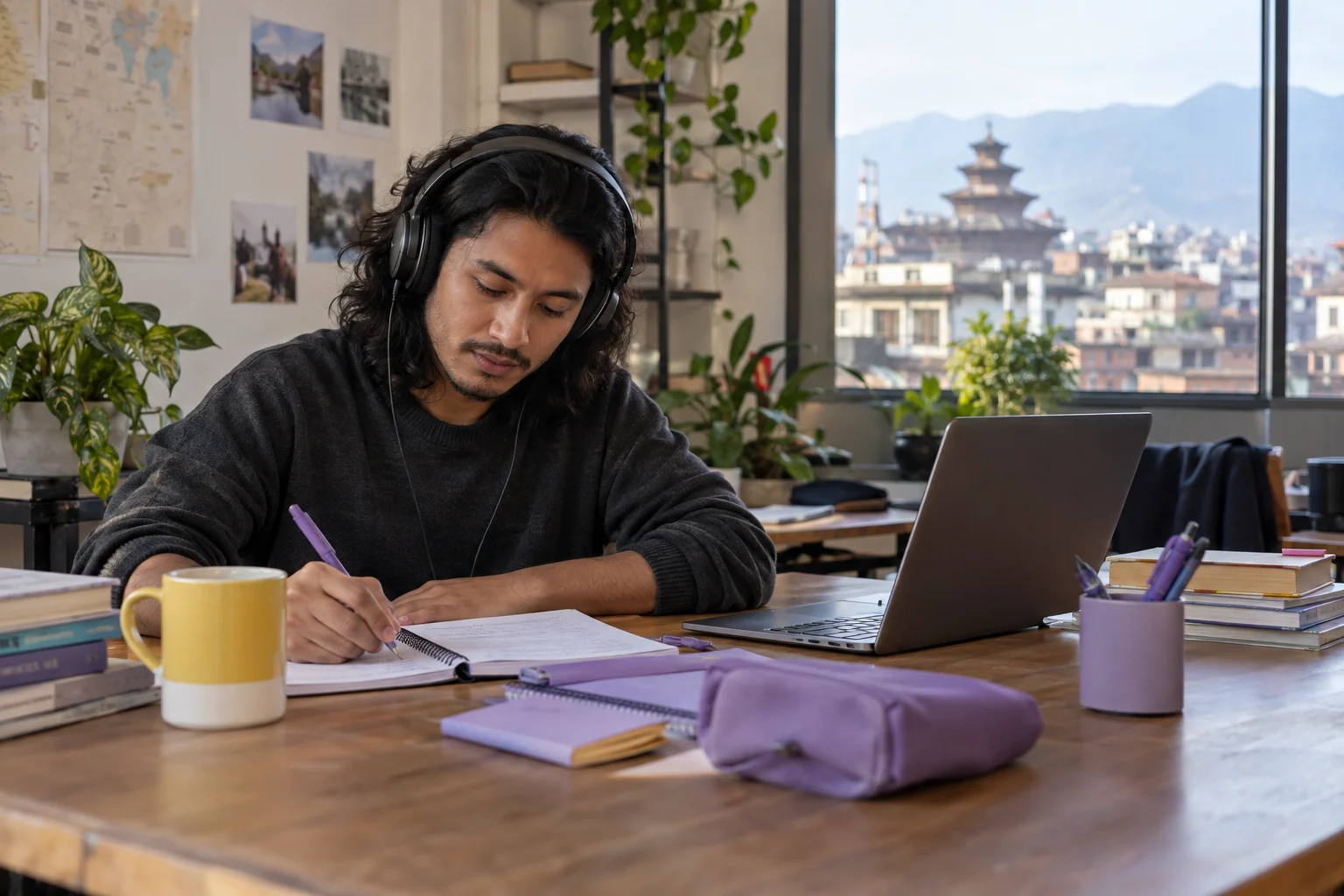IELTS learner practises listening matching questions with headphones and notes in Kathmandu