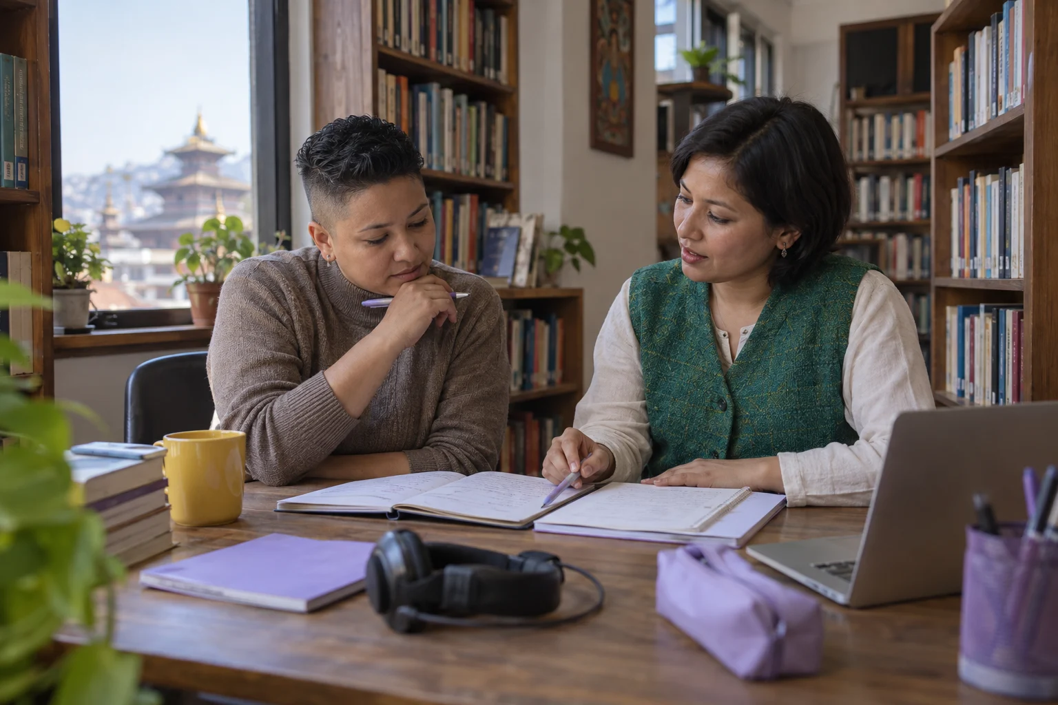 IELTS learner and tutor review matching question notes in a Kathmandu library