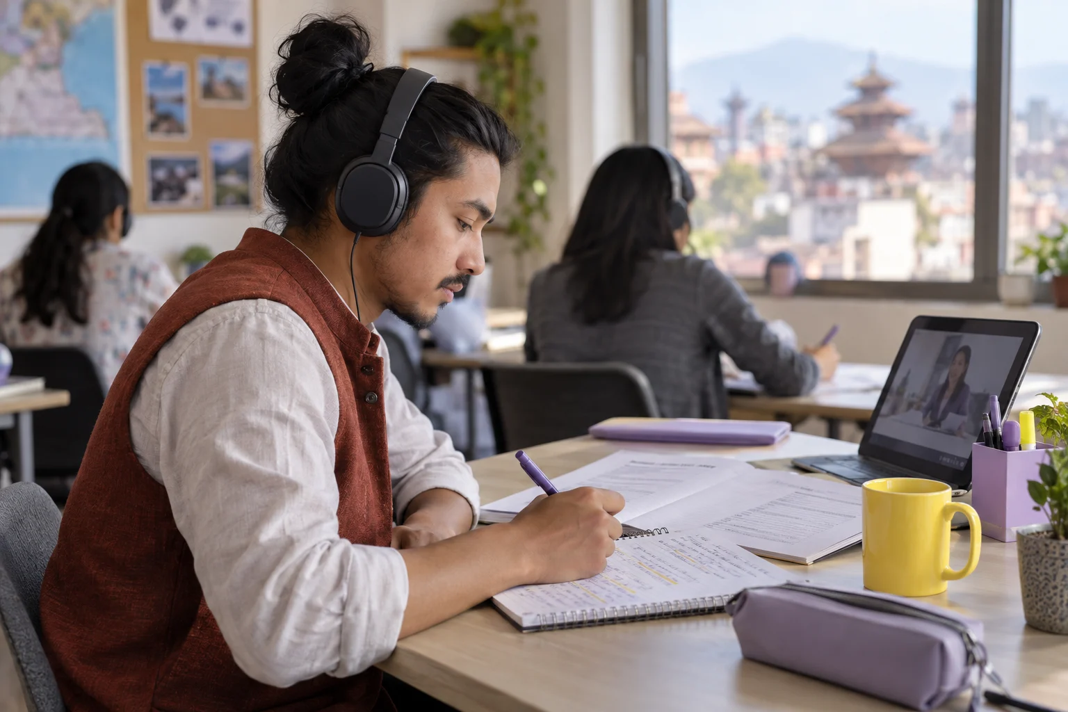 IELTS learner practises listening sentence completion with headphones and written notes