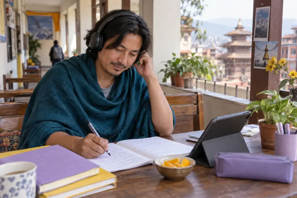 IELTS learner identifies listening distractors and corrected answers with headphones