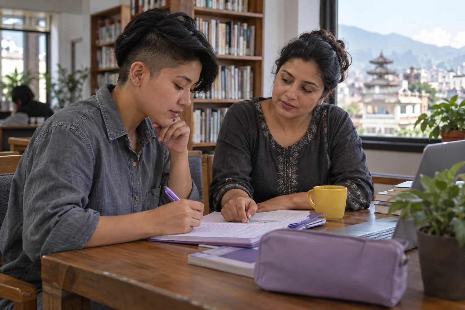 IELTS student and tutor review listening answer corrections in a study notebook