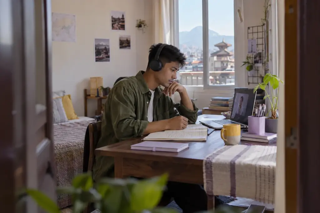 IELTS learner practises understanding varied English accents with headphones