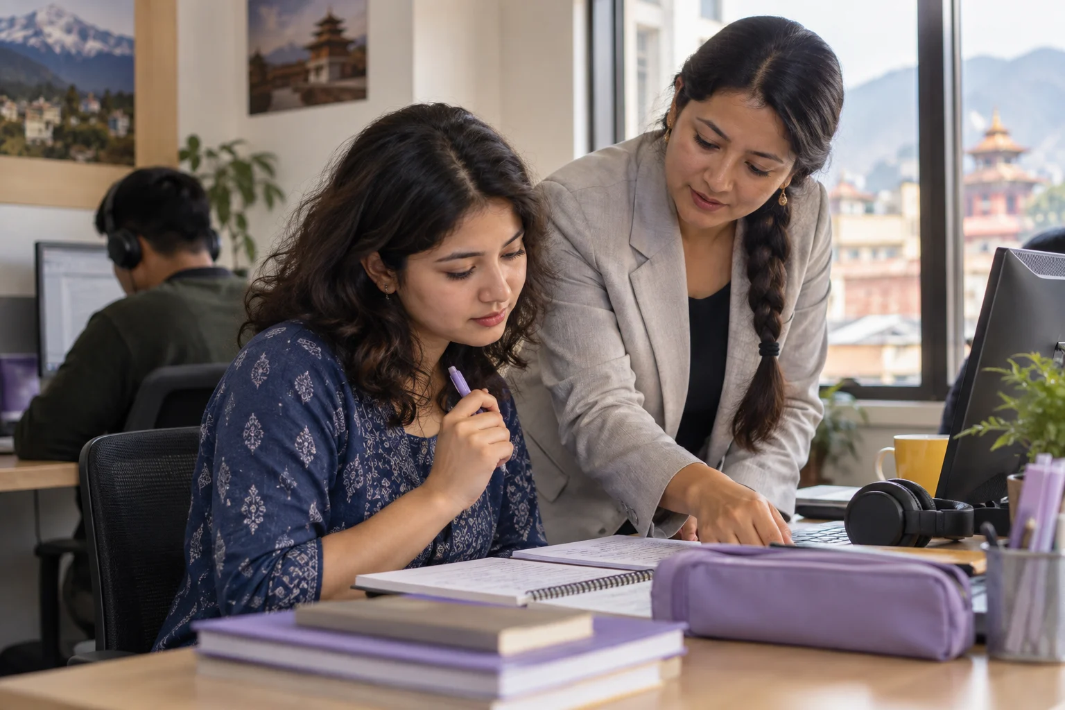 IELTS learner reviews lecture notes with a tutor after listening practice