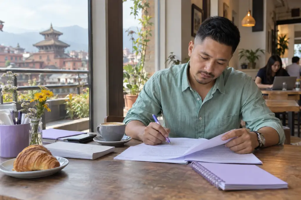 IELTS learner practises reading matching headings with a printed passage