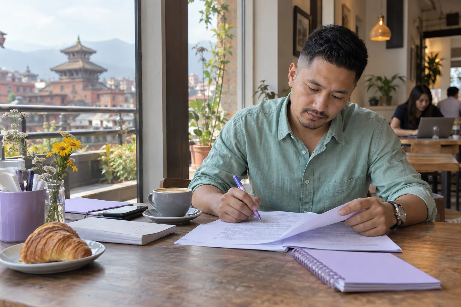 IELTS learner practises reading matching headings with a printed passage