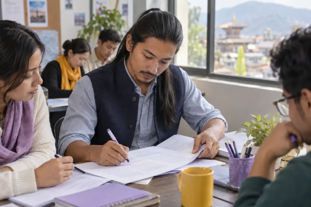 IELTS student annotates a passage while practising skimming and scanning