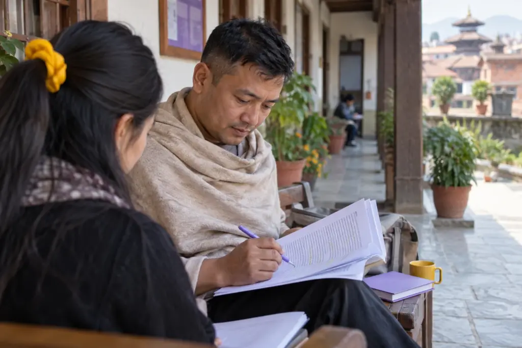 IELTS learner studies a difficult Reading Passage 3 text in a library