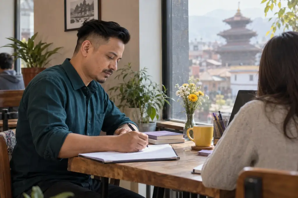 IELTS Writing Task 1 learner drafts at a Kathmandu study table