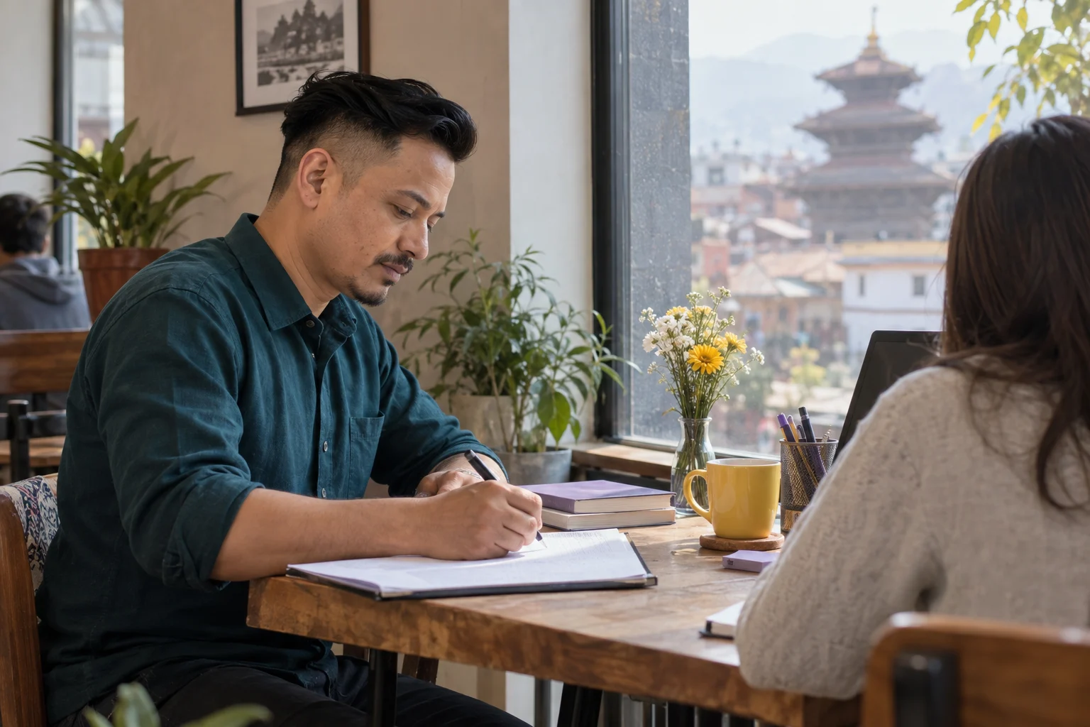 IELTS Writing Task 1 learner drafts at a Kathmandu study table