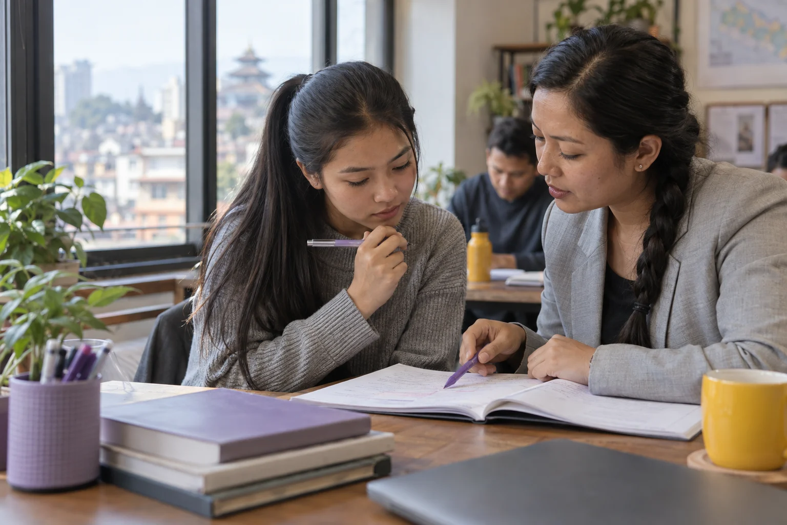 IELTS tutor reviews Writing Task 1 map description notes with a student