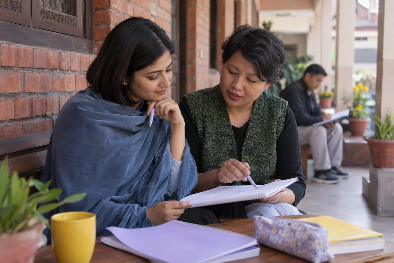 IELTS tutor reviews a Task 1 overview draft with a student