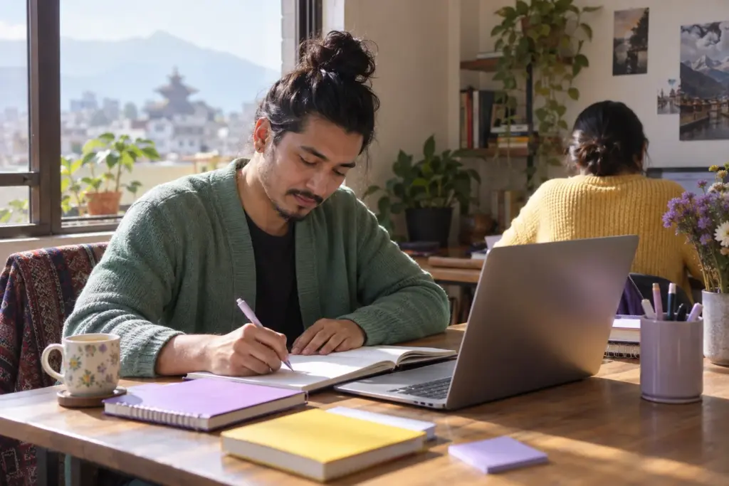 IELTS Writing Task 2 learner drafts an opinion essay at a home desk