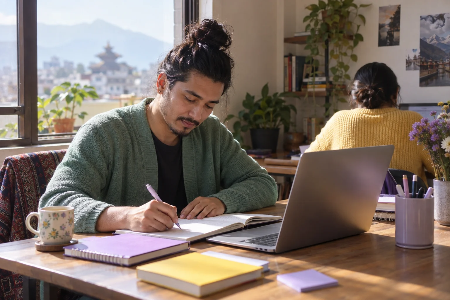 IELTS Writing Task 2 learner drafts an opinion essay at a home desk