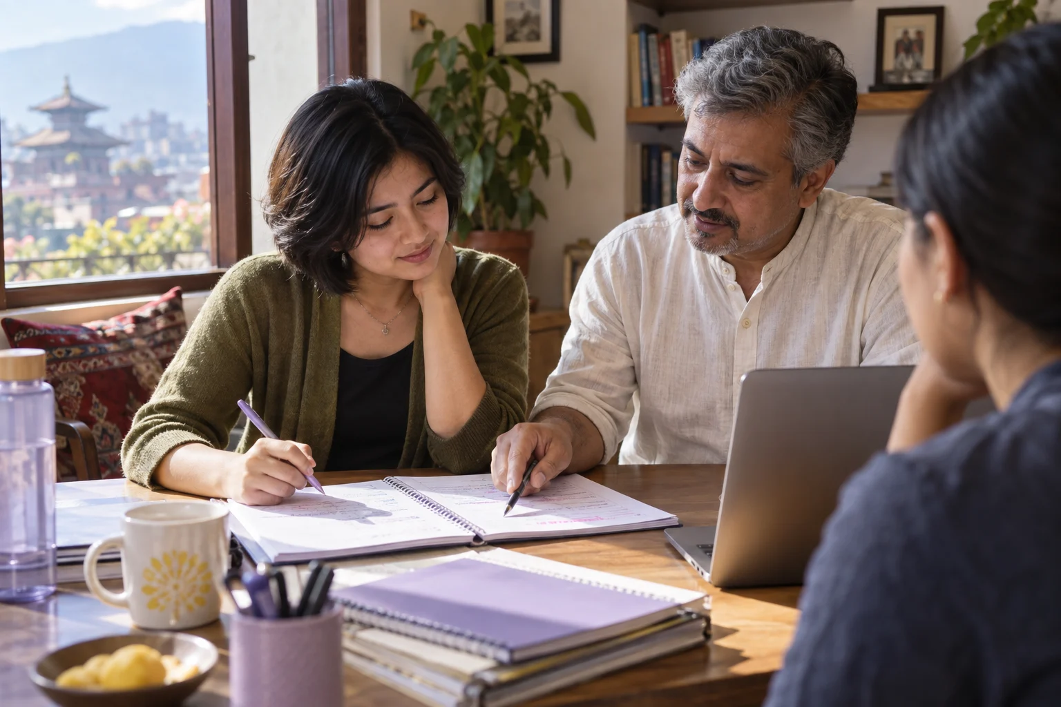 IELTS tutor reviews paragraph structure and linking notes with a learner
