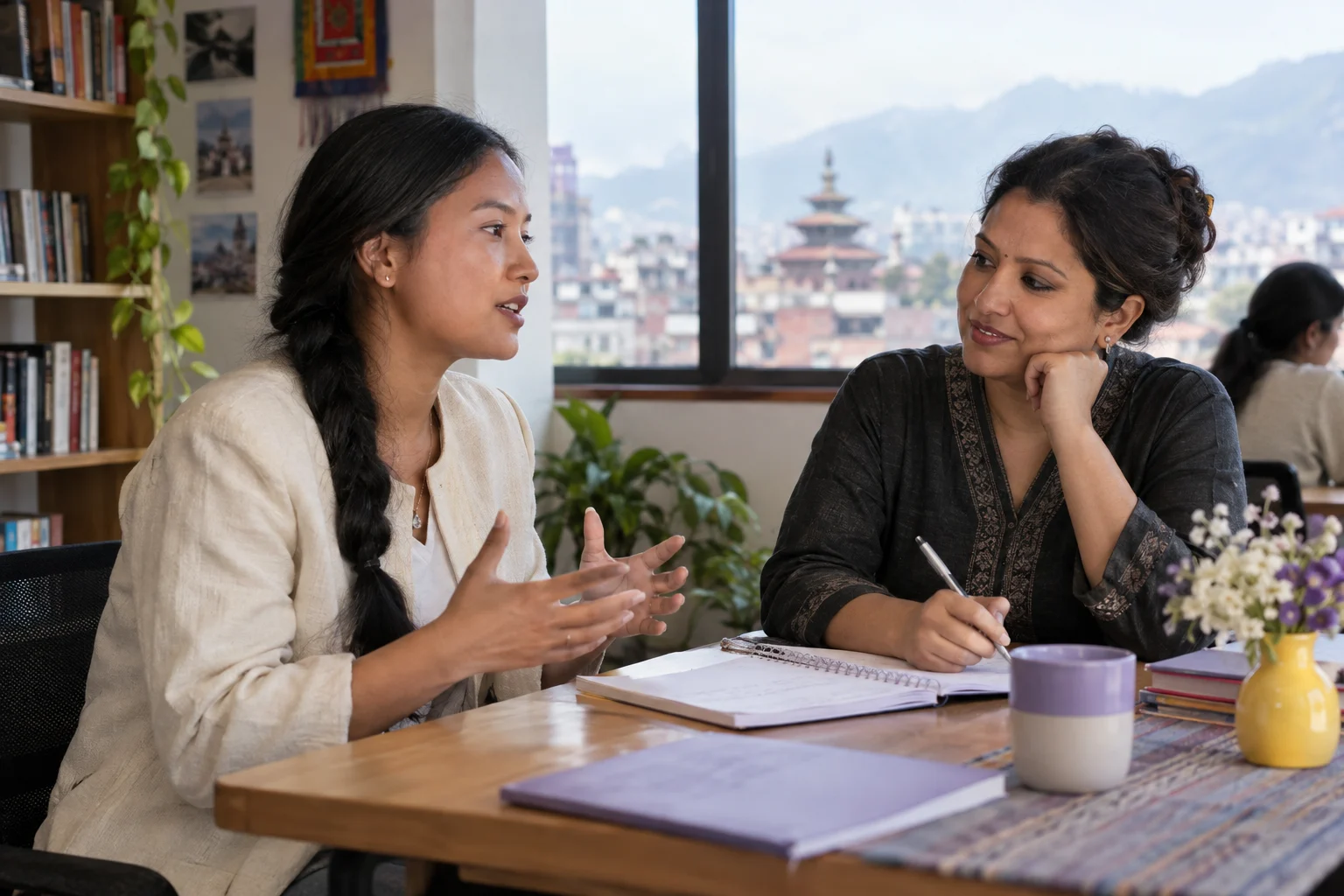 IELTS tutor reviews notes from a speaking mock test with a student