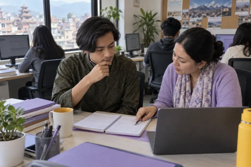 IELTS General Training preparation study session with a learner and notes