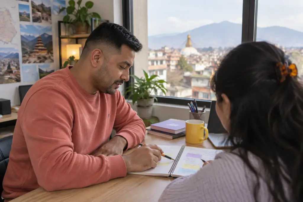 IELTS General Training test choice study session with a learner and notes