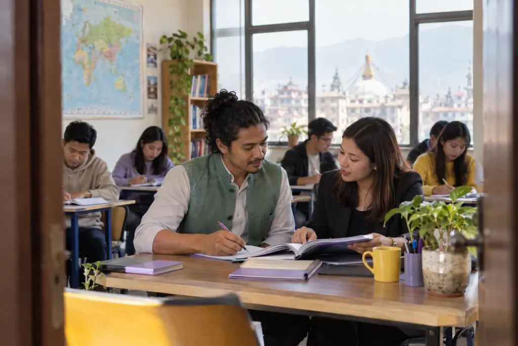 IELTS General Training test format study session with a learner and notes