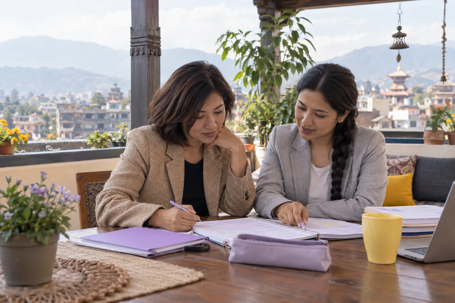 IELTS General Training test format study session with a learner and notes