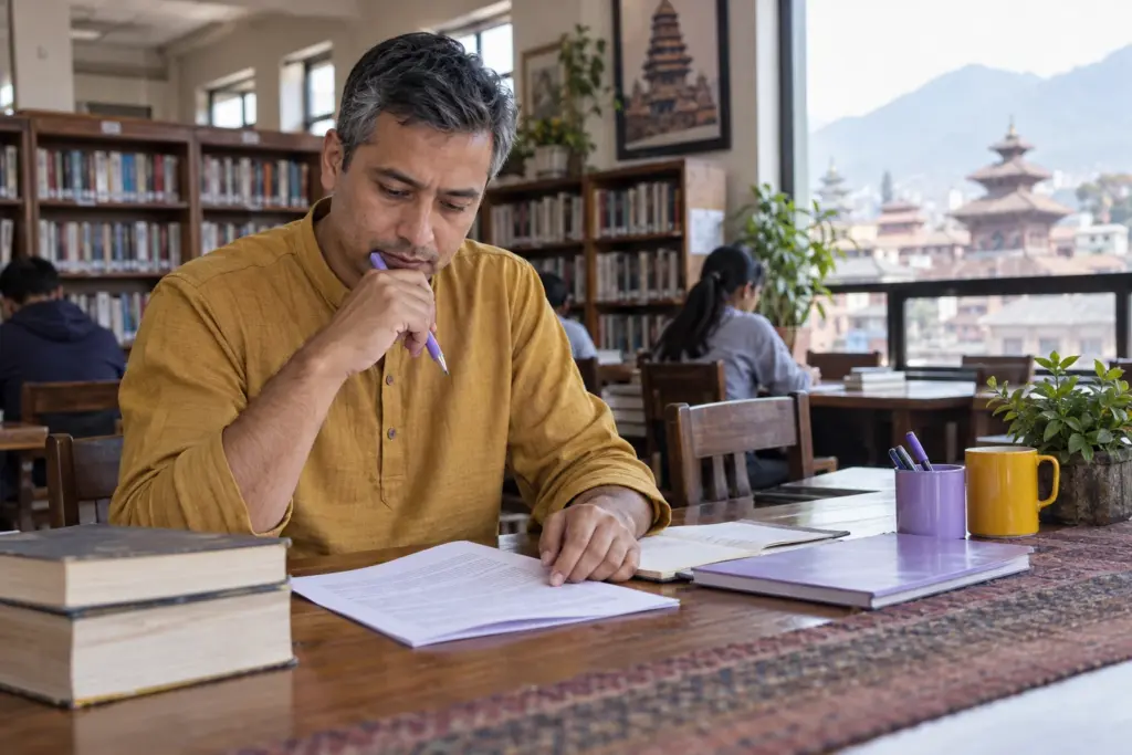 IELTS General Training workplace reading study session with a learner and notes