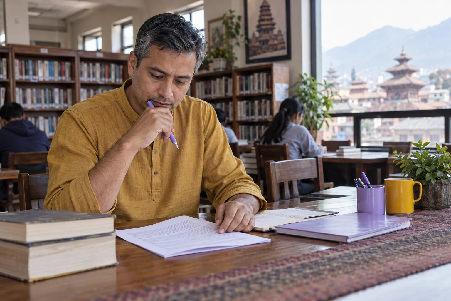 IELTS General Training workplace reading study session with a learner and notes