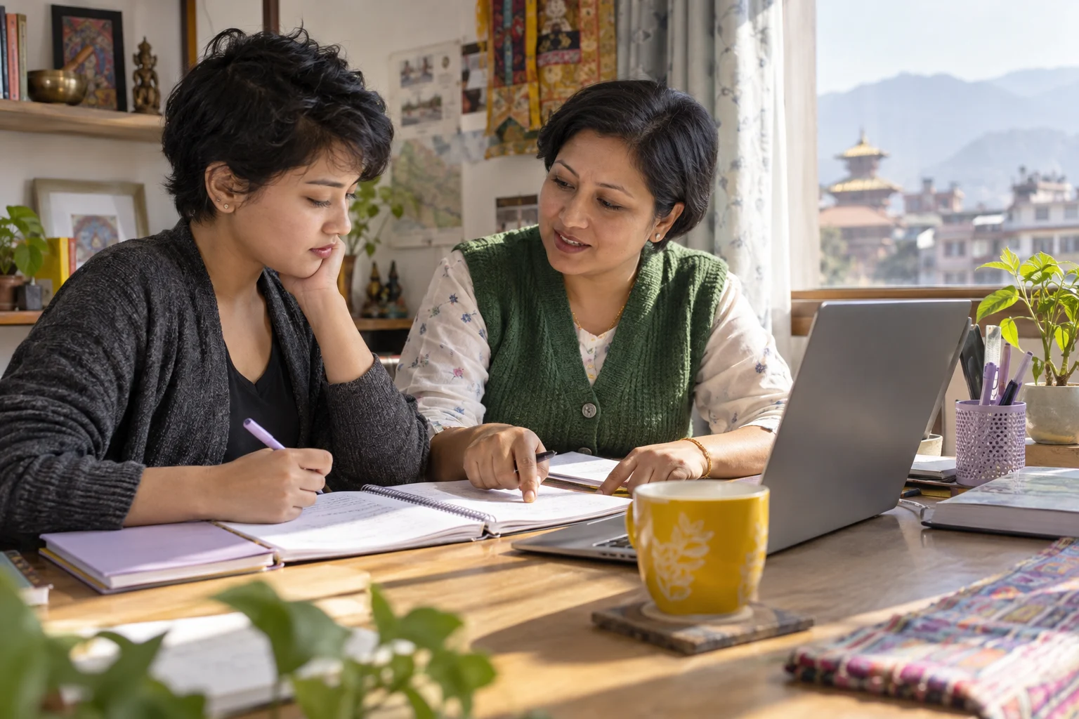 IELTS General Training workplace reading study session with a learner and notes