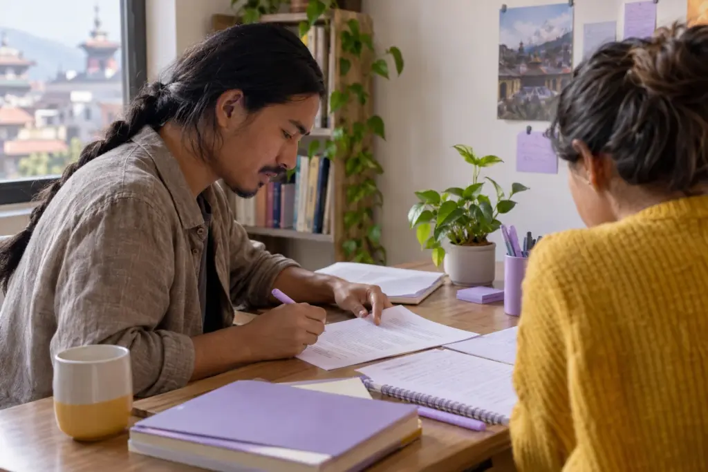 IELTS General Training Reading Part 3 study session with a learner and notes