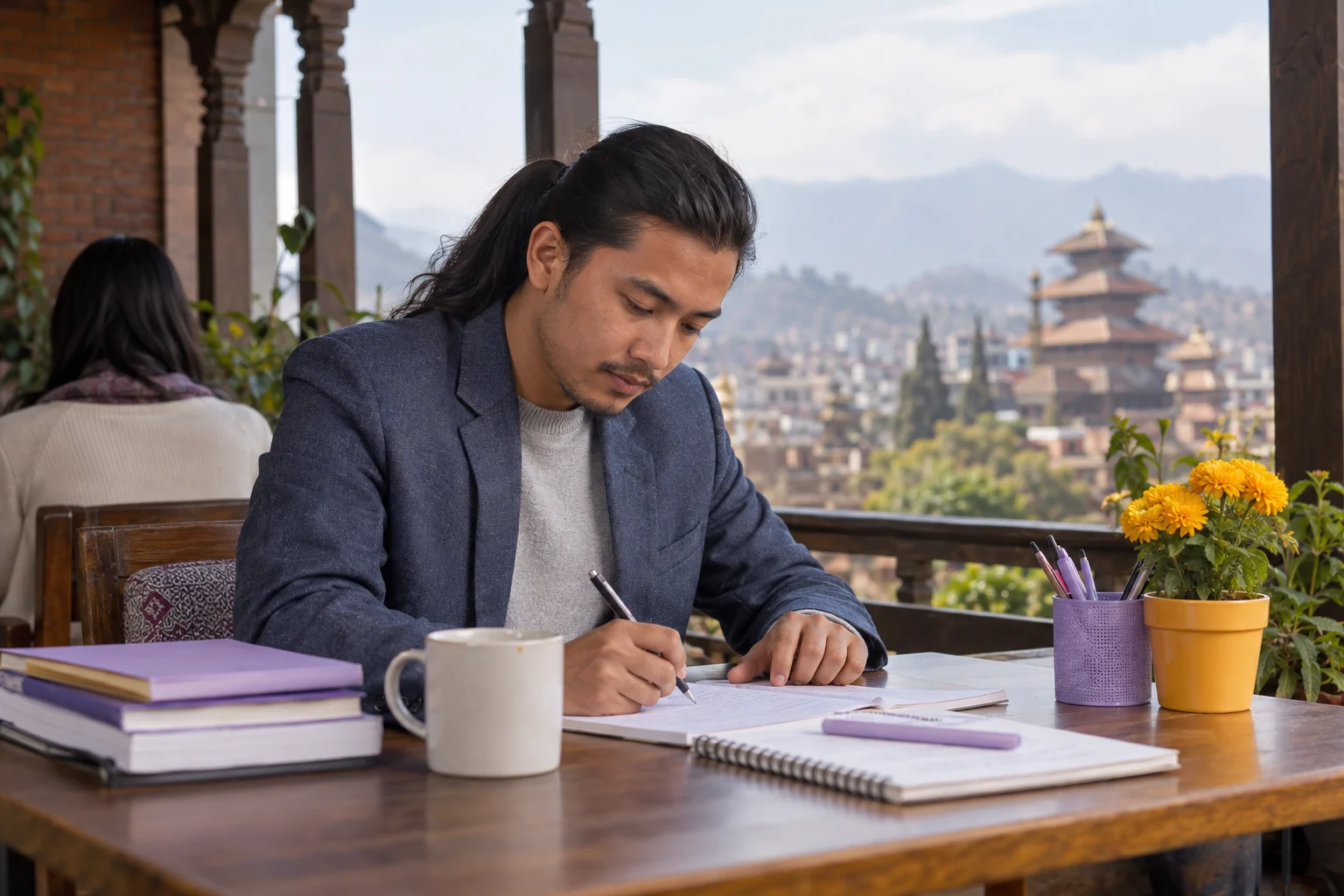 IELTS General Training Writing Task 2 study session with a learner and notes