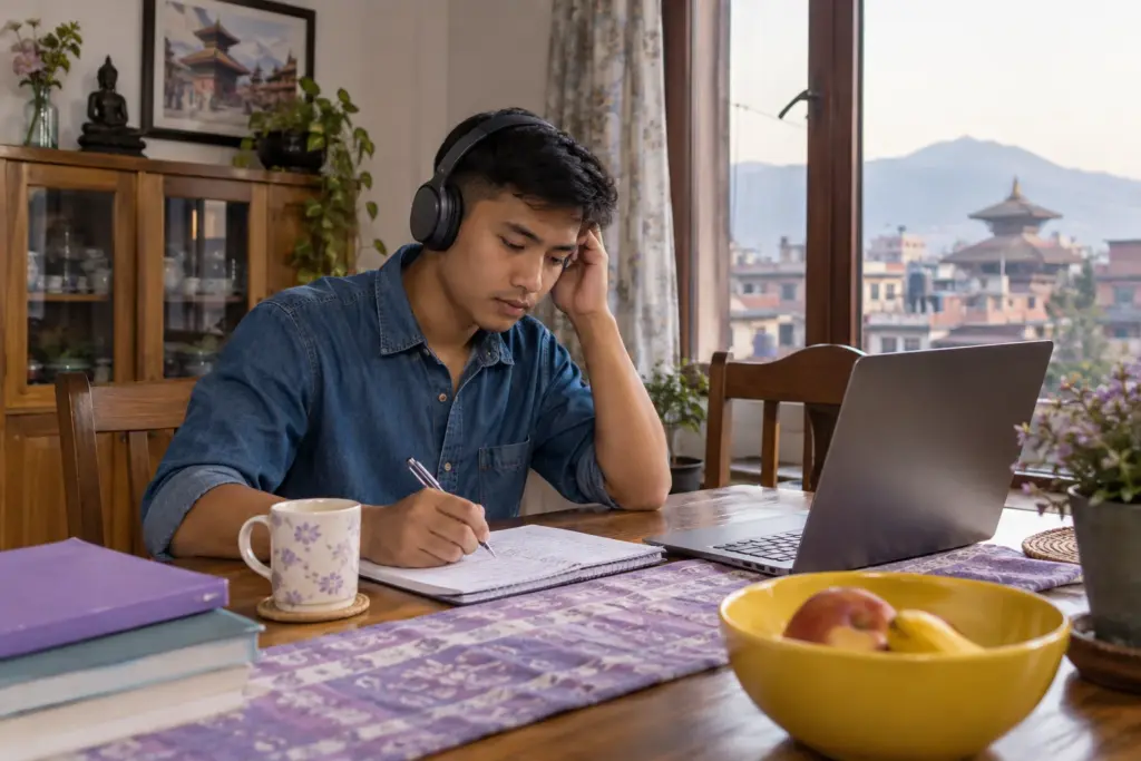 IELTS General Training listening study session with a learner and notes