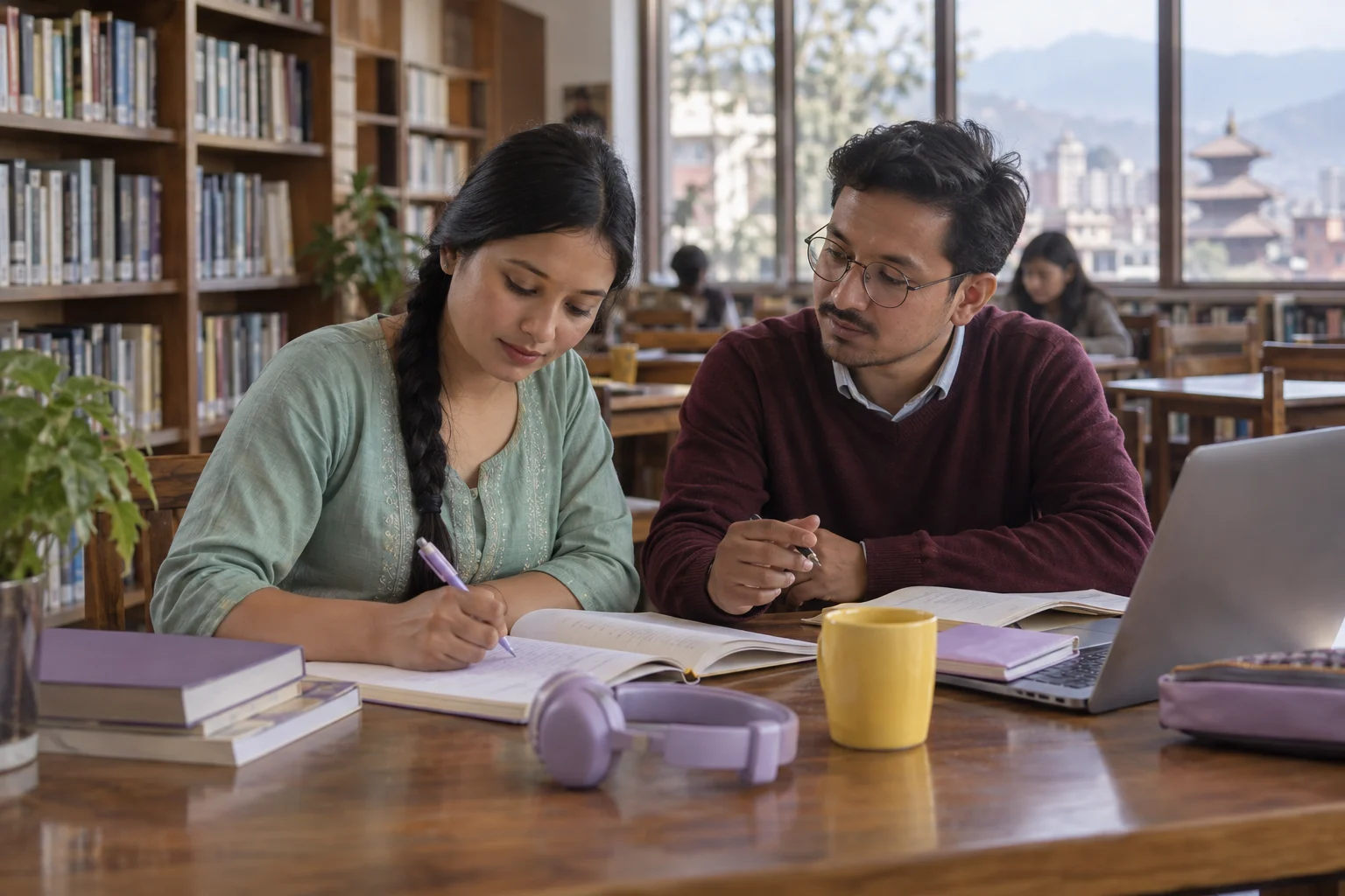 IELTS General Training listening study session with a learner and notes