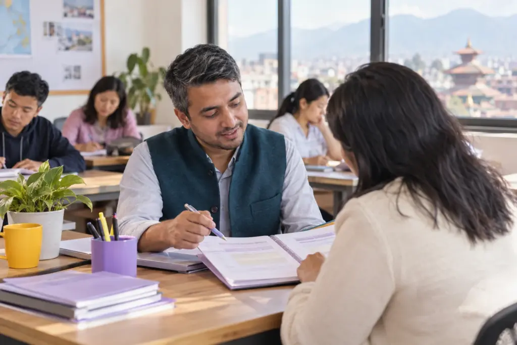 IELTS General Training New Zealand checklist study session with a learner and notes