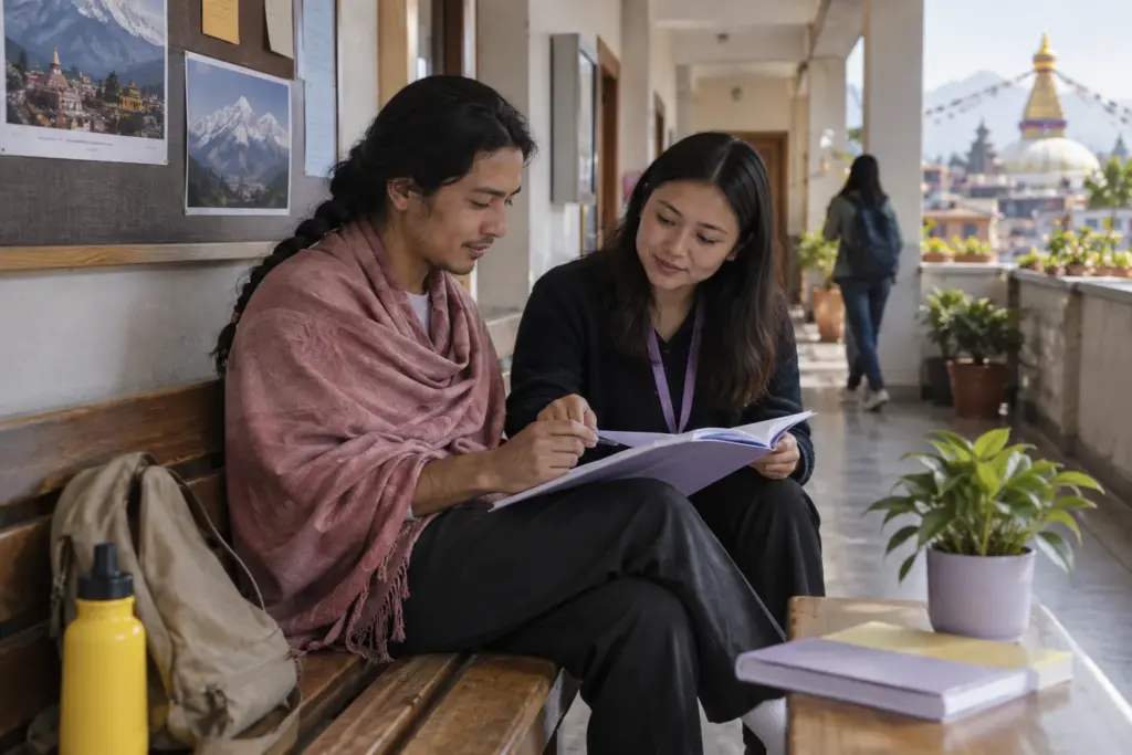 IELTS General Training and UKVI comparison study session with a learner and notes