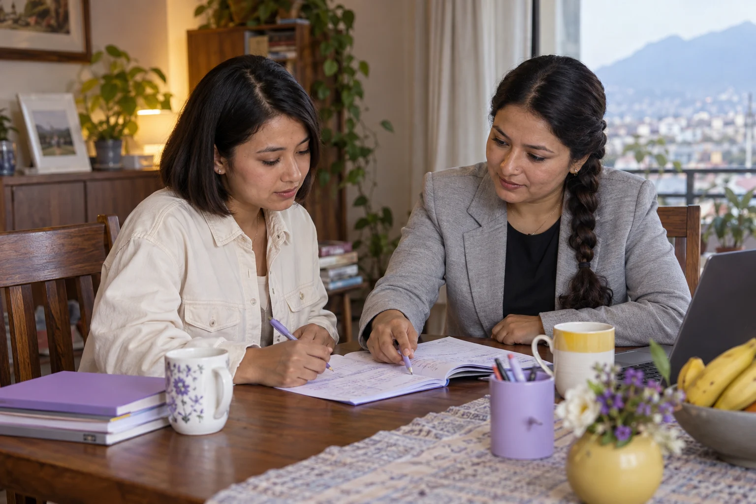 IELTS General Training and UKVI comparison study session with a learner and notes