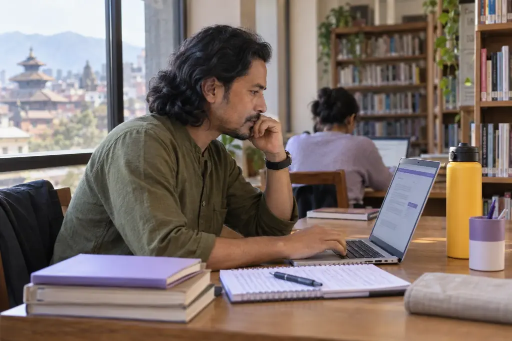 IELTS General Training computer test study session with a learner and notes