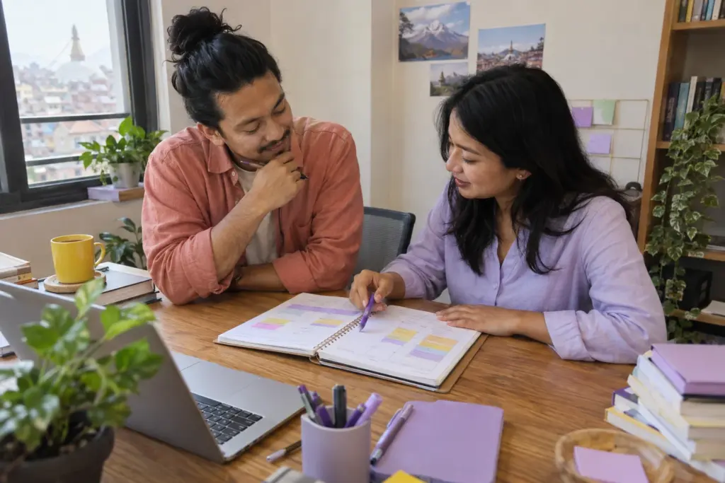 IELTS General Training eight-week study plan study session with a learner and notes
