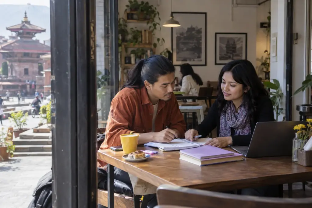 IELTS for UKVI Academic preparation study scene with a Nepali learner, tutor and practice notes