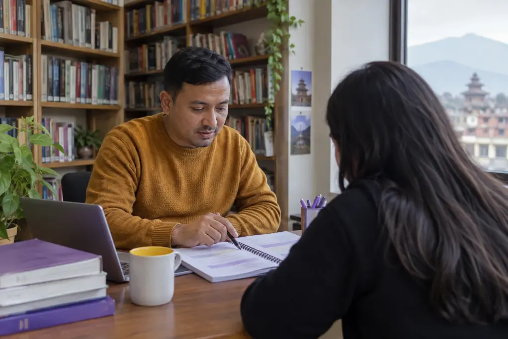 IELTS Academic and UKVI Academic comparison study scene with a Nepali learner, tutor and practice notes
