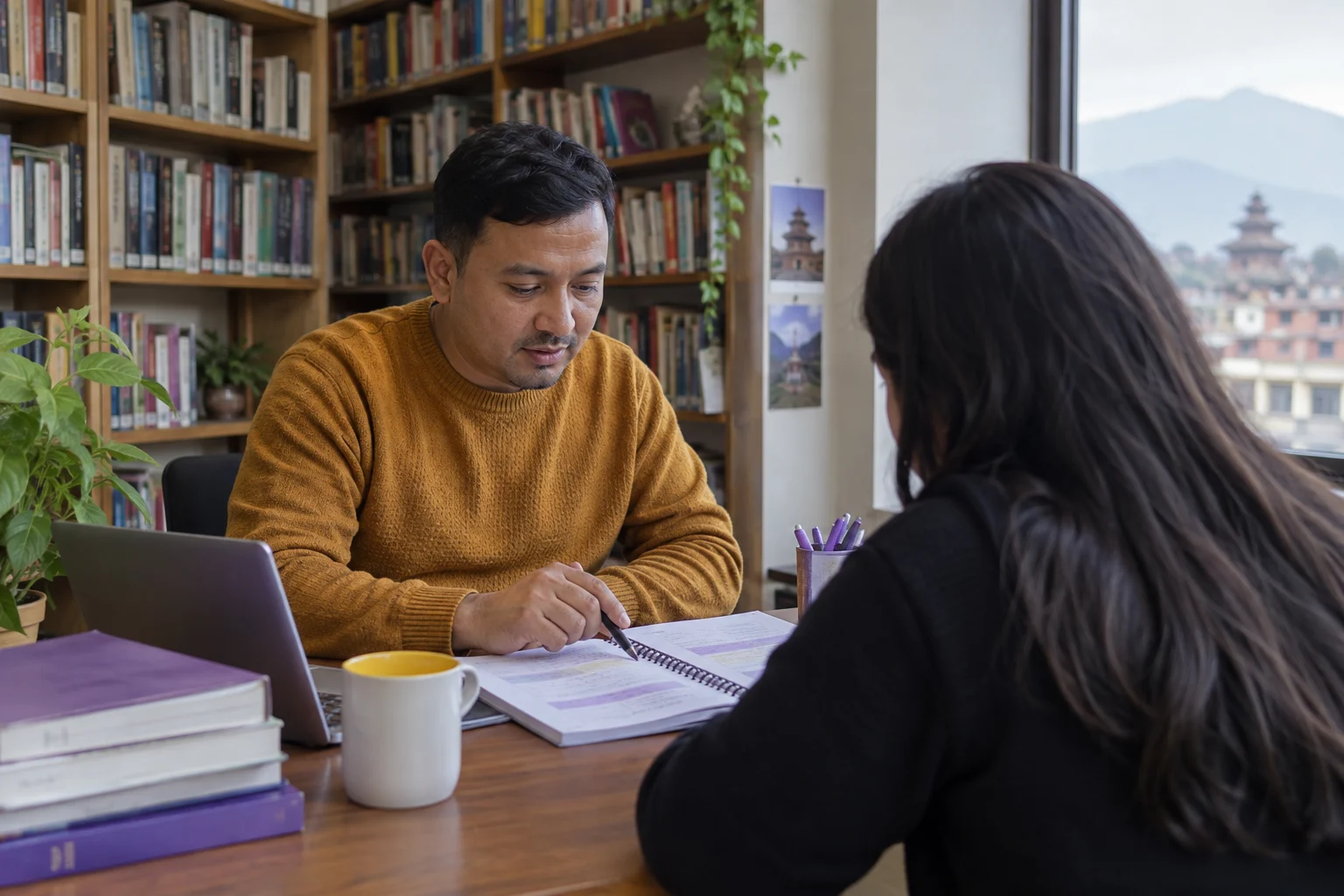 IELTS Academic and UKVI Academic comparison study scene with a Nepali learner, tutor and practice notes