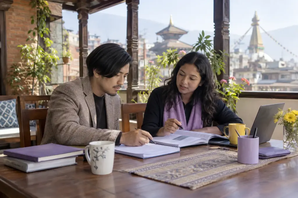 IELTS for UKVI Academic visa checklist study scene with a Nepali learner, tutor and practice notes