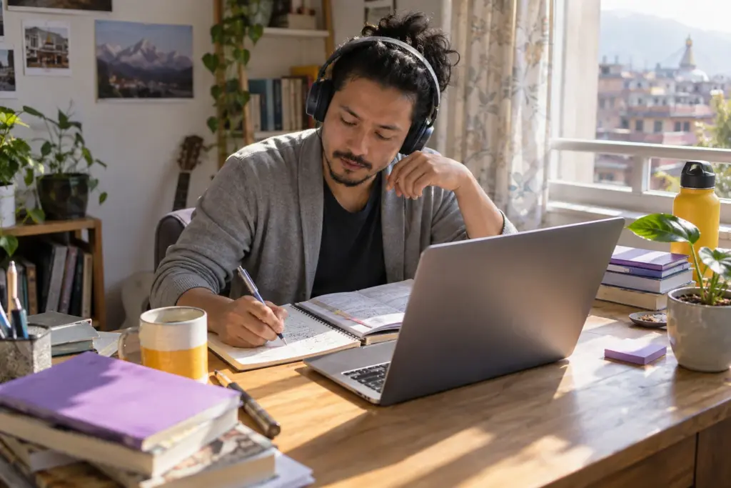 IELTS for UKVI Academic test format practice with headphones and study notes