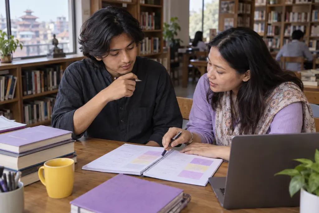 IELTS Academic requirement for a UK student visa — a learner and tutor reviewing study notes