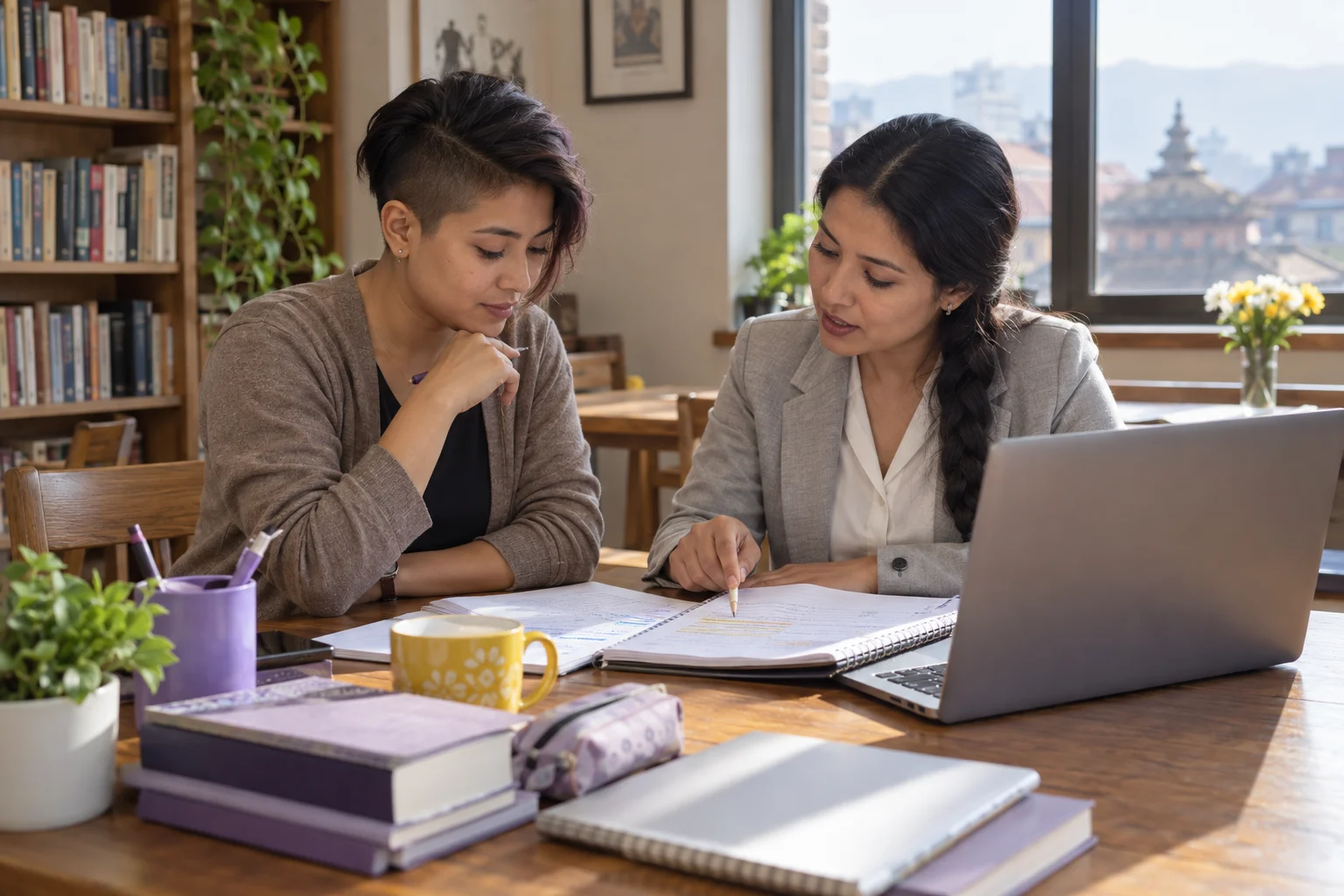 IELTS Academic requirement for a UK student visa — a learner and mentor reviewing practice notes