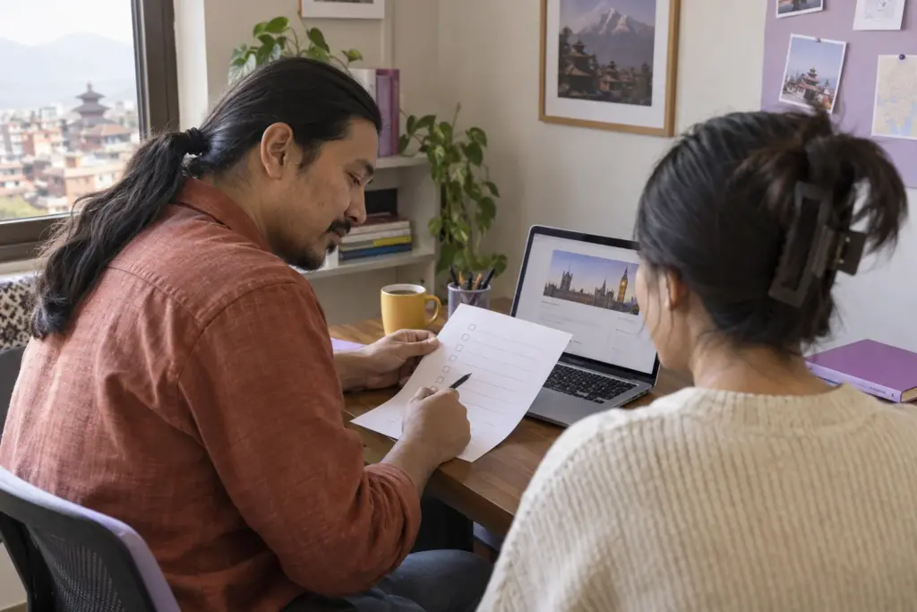 UK sponsor English requirement checklist — a learner checking a paper booking checklist and laptop