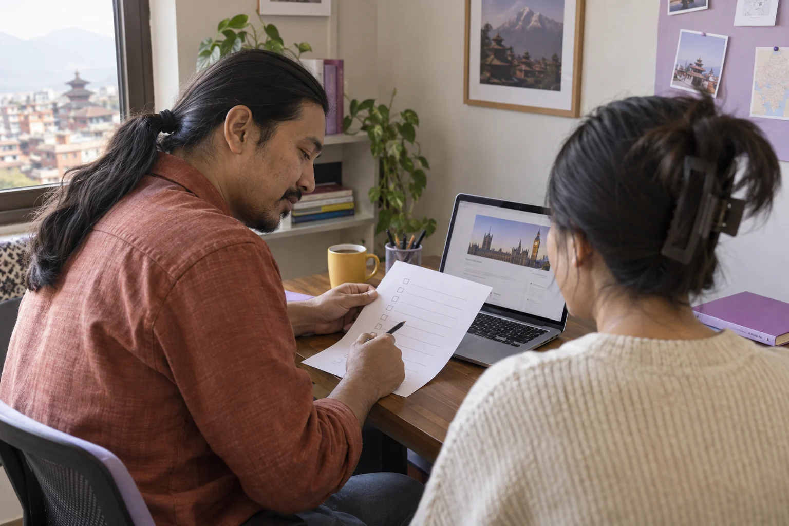 UK sponsor English requirement checklist — a learner checking a paper booking checklist and laptop