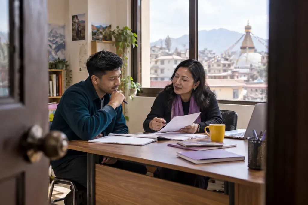 IELTS for UKVI Academic scores and CEFR levels — a learner and tutor reviewing study notes