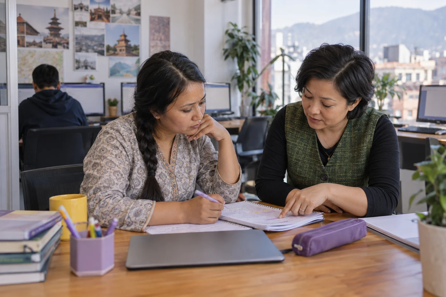 IELTS for UKVI Academic scores and CEFR levels — a learner and mentor reviewing practice notes